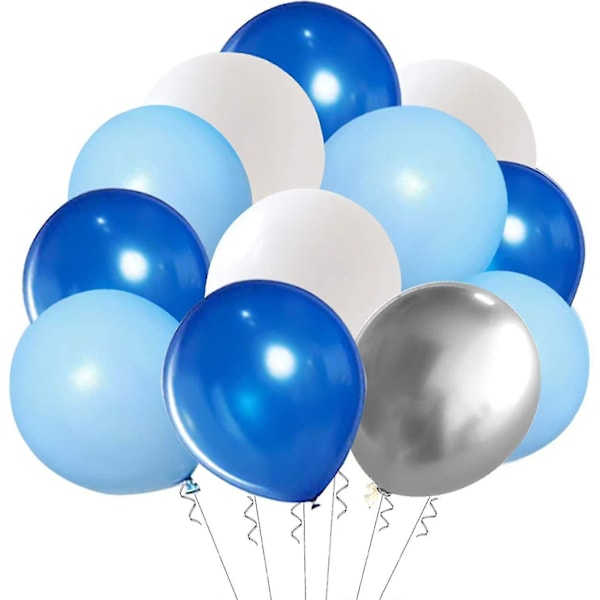 Blå silvervit latexballonger, 50 st 12 tum kunglig blå och silver metallic B