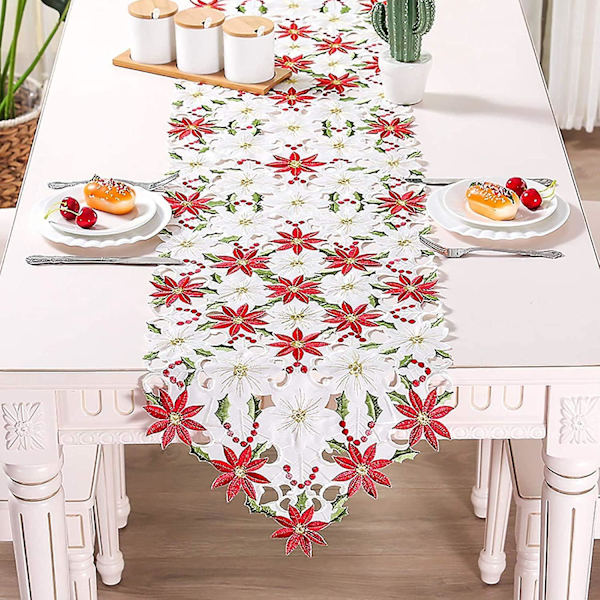 Julbordsduk, bomull och linne broderad duk för julbordsdekoration, 38x176 cm