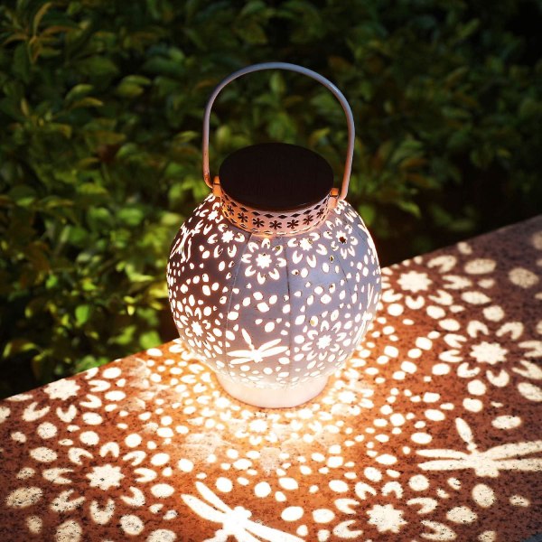 Utomhussollykta, metallhängande solarträdgårdslampa, vintage finish och tvåfärgad LED