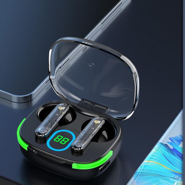 Bluetooth-headset med intelligent digital display, transparent lager, stor kapacitet, Bluetooth-headset, 9,8 x 9,8 x 3 cm, svart