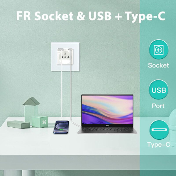 Seinän pistorasia USB-liitännällä ja 1 tyypin C -liitännällä, valkoinen AC kidelasipaneelin kanssa, seinävirtapistoke USB-liitännällä (max 2,1 A), sopii älypuhelimeen, tablettiin