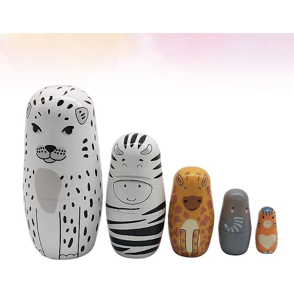 5-pack djurhäckande dockor, 5 lager matryoshka-dockor i trä Söta tecknade djurmönster