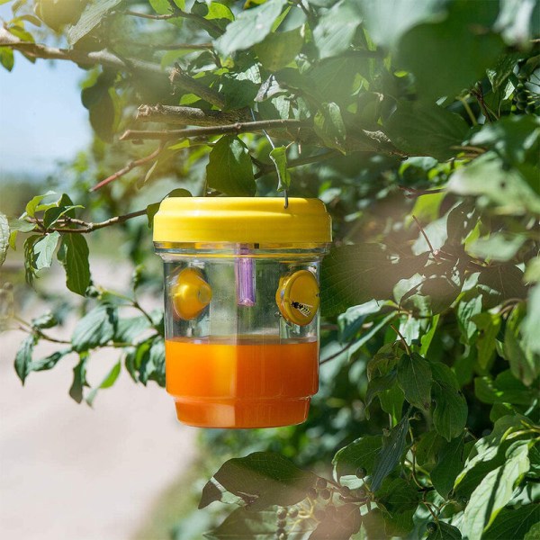 Pakke med 2 solcelle hvepsefælder hængende, solcelledrevet hvepsedræber med UV LED lys, genanvendelig bifanger udendørs til gedehamse, gul
