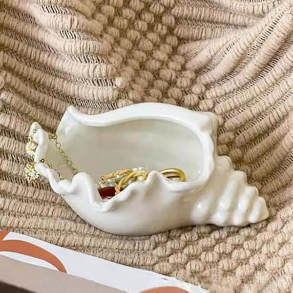 Snäckskalsformad Tealight-ljusstake, Skål för smycken i form av snäckskal, Vit keramisk snäckskål med tema från havet och stranden