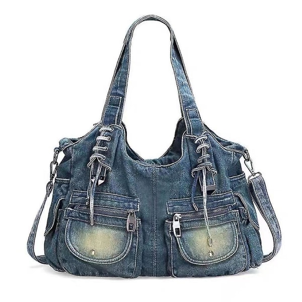 Denim retrostil väska crossbody väska stor kapacitet lämplig för flickor dam kontor skola