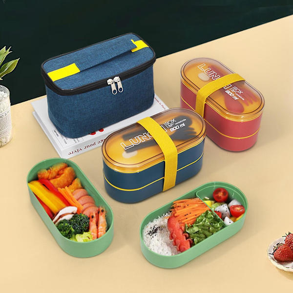 2-vånings Bento-lådor Behållare med bestick Självflyttbara fack Design Lunchlåda för resor Måltidsförberedelse-4（Röd）