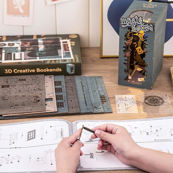 3D-bokstöd i trä, bokdekorationsgränd, insats DIY-modellbyggsats