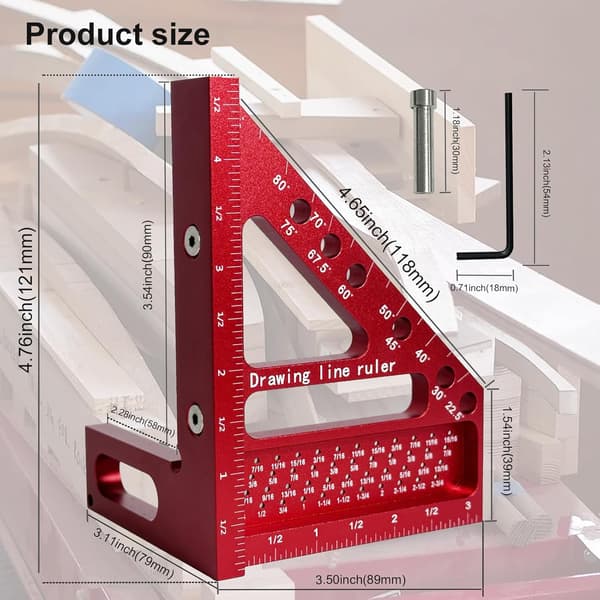 3D Multi-Angle Mätlinjal, Träbearbetningsvinkel Protractor 22,5-90 Grader med Dowel Pin (Tum)