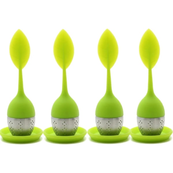 Set med 4 bladsilhandtag för teinfuser med silikonbladslock av stålkula (grön)