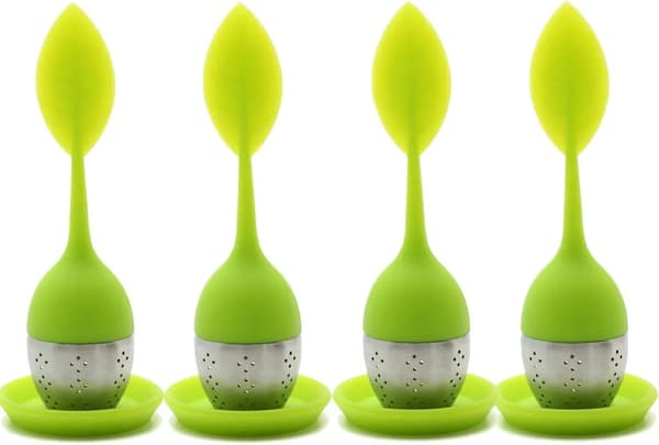 Set med 4 teinfuserblad silhandtag med stålkulor silikonbladlock (grönt)