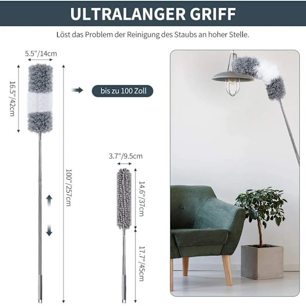 Fjädervippset teleskopiskt set med 2 huvuden mikrofiberdammmopp tvättbar, långt rostfritt stål teleskophandtag 45-257cm