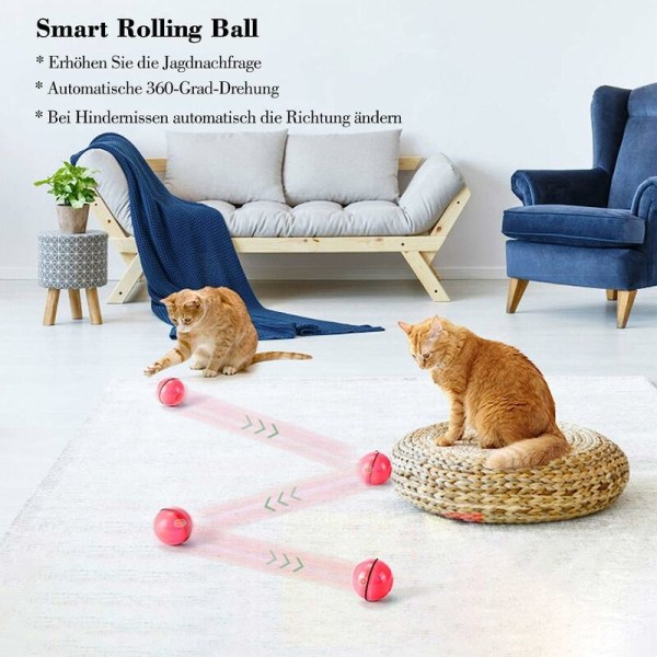 Katt leksak, leksaksboll med LED-ljus, 360 graders automatisk rotation och USB-laddning interaktiv katt leksak, för husdjur hundar kattungar (röd)