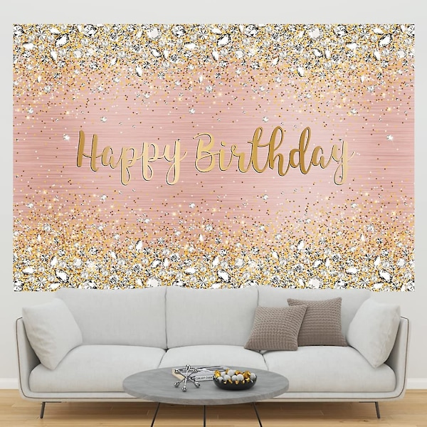 Hyvää syntymäpäivää Taustakangas Timantit Kiiltävät Bokeh Vaaleanpunainen Ja Kulta Piste Glitter Sparkle Valokuvaustaustaksi Tyttöjen Juhliin Koristeluun (110cm*180cm)