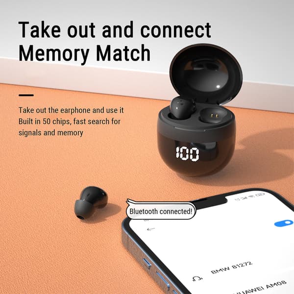 Mini Bluetooth-headset med digital display, brusreducerande musik, sömn-headset, in-ear Bluetooth-headset, svart