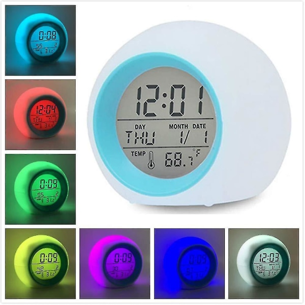 Led Wake Up Light digitalt elektronisk vækkeur med indendørs temperaturkalenderdisplay og naturlyde - 7 farveskiftende natlys