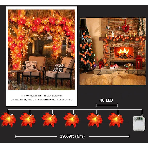 Nattlampa Lönnlöv Ljuskedja, 6m 40 Led Höstlöv Ljuskedja För Thanksgiving, Halloween, Jul, Heminredning
