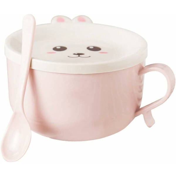 Rustfrit stål dobbeltlags skål med låg og ske Cartoon frokost isoleret frokostkasse (Pink)