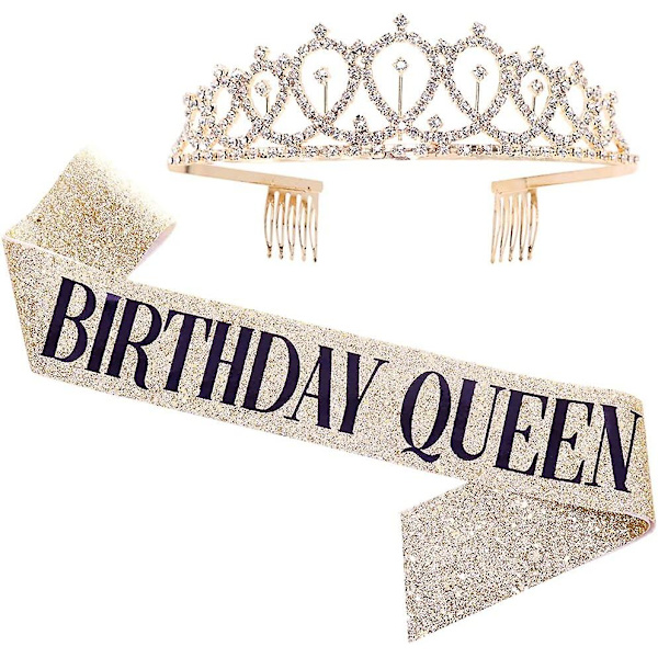 \"Fødselsdagsdronning\" Sash & Rhinestone Tiara Sæt - 21. 30. Fødselsdagsgaver Fødselsdagssash Til Kvinder Fødselsdagsfest Tilbehør (Guld Glitter Med Sorte Bogstaver