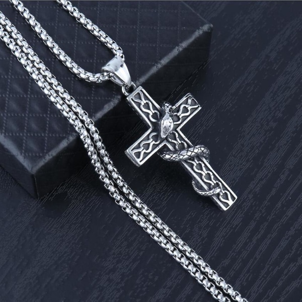 Silver Snake Surrounded Cross Necklace 925 Silver, Religious Pendant for Men