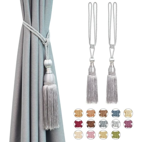 Set med 2 mesh med tofsar och handflätade repgardinbindningar Drapering dekorativa (silvergrå)