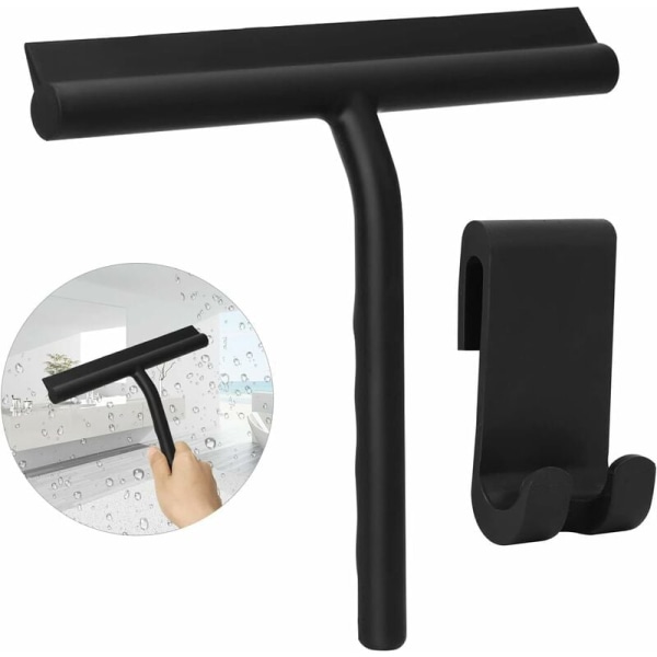 Shower Scraper, Silicone Shower Scraper, Shower Scraper with Hook for Cleaning Shower, Bathroom, Kitchen, Glass, Tiles, Mirrors, Windows, Cars (Black)