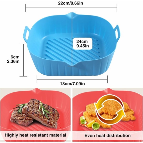 2 kpl silikonista ilmarasvakeitintä, 8 tuuman neliömäinen silikoninen ilmarasvakeitinkori, sopii 4-7 QT:lle, uudelleen käytettävä ja elintarviketurvallinen (sininen + punainen)