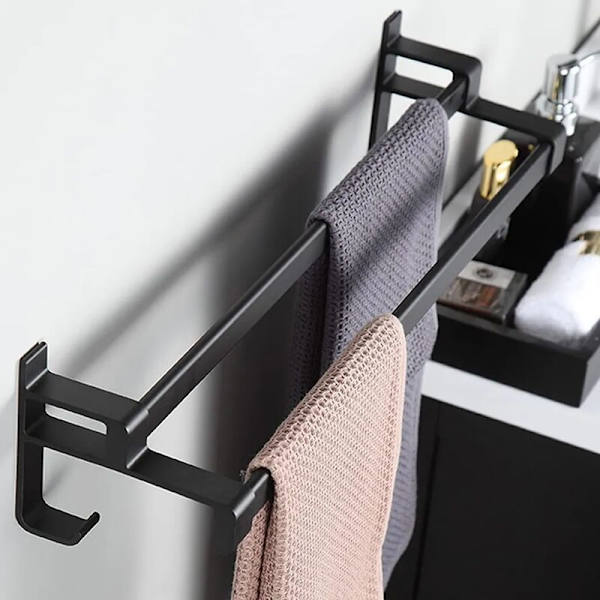 Handduksställ för badrum, handduksställ, svart matt handdukstork med två handduksställ och krokdesign, handduksställ vägg, handdukshängare utan borrning