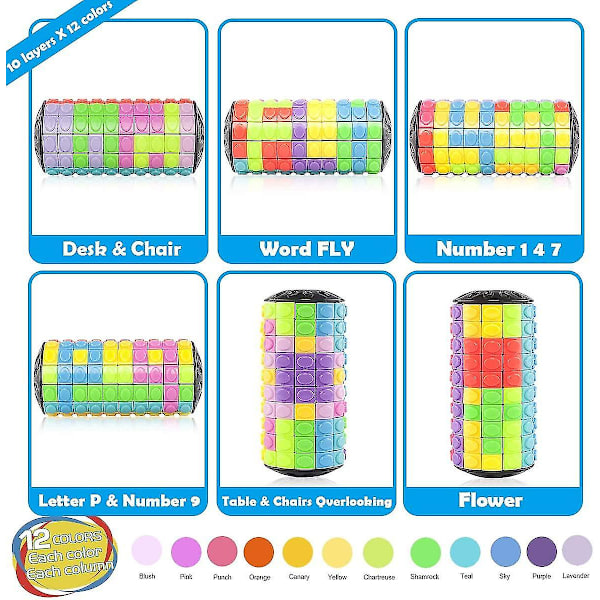 Fidgetleksaker för Vuxna/Tonåringar/Pojkar/Flickor, Rotera & Skjutpussel, Hjärnteaser, Cylinder Magic Cube Present, Födelsedagspresent (12 Färger X 10 Lager) Uppgradering