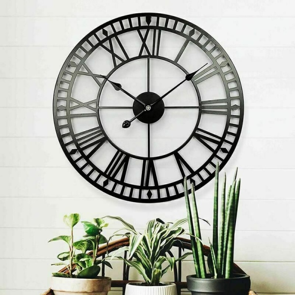 Väderbeständig trädgårdsklocka retro vintage romerska siffror enkel järnsmide tyst batteridriven utomhusklocka 40cm