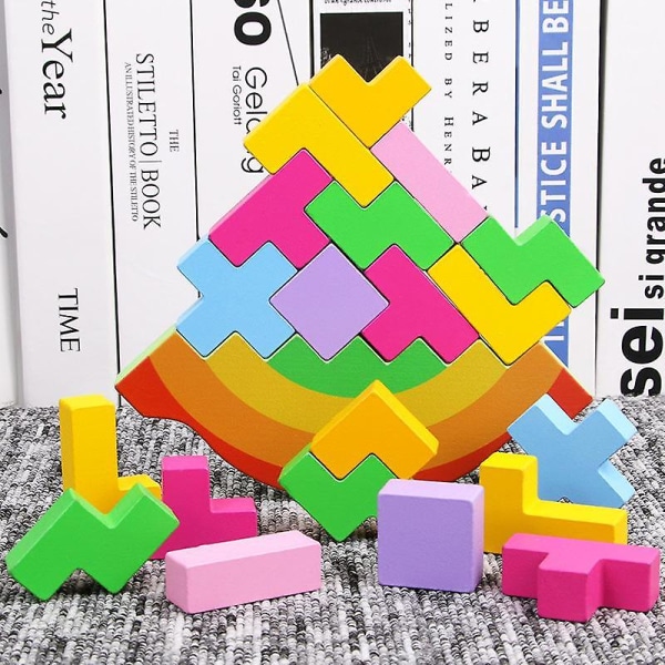 Träfärgade staplande byggstenar barns pedagogiska leksaker Tetris pussel