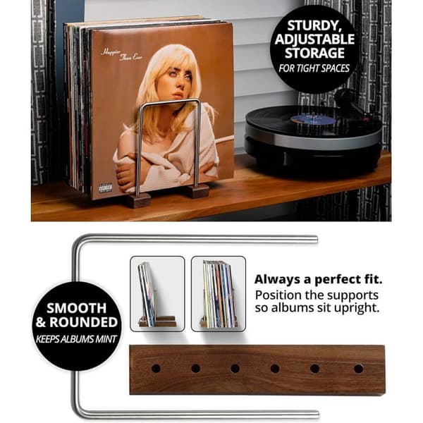 1 Vinylpladeholder til 35 LP'er, massivt valnøddetræ, rustfrit stål, vertikal opbevaring, stue, kontor.