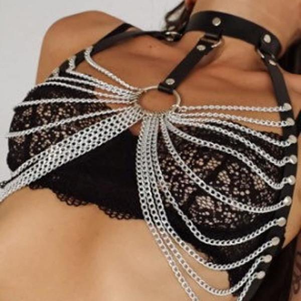 Punk Läder Bröstkedja Svart Lager Halsband Multilager Kroppskedjor Nattklubb Krage Kroppsaccessoarer Smycken