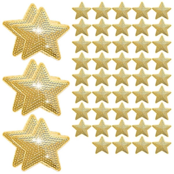 50 stjärnformade paljetter att sy eller stryka på, stjärnformade broderade lappar, stjärnformade lappar för reparation, gör-det-själv (guld)