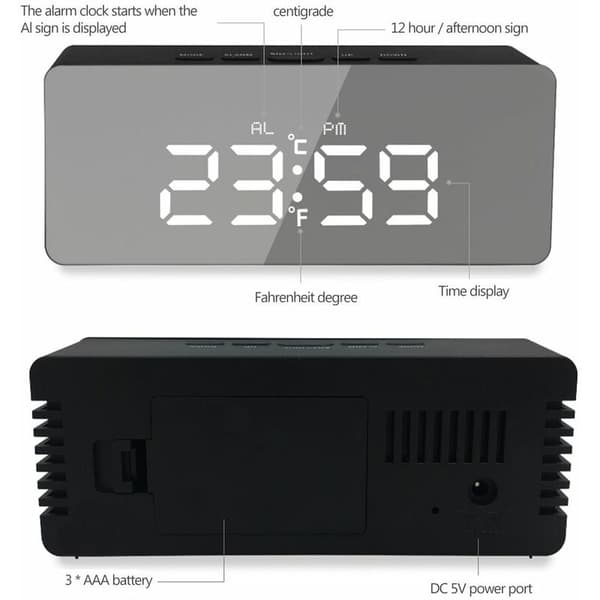 Digital väckarklocka bordsväckarklocka LED spegelväckarklocka temperaturdisplay