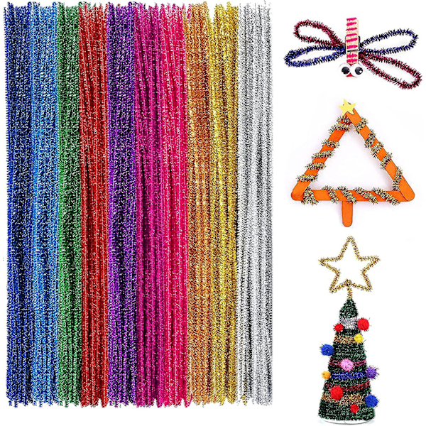 Pipelänare 100 st 10 Färger Chenille Stjälkar för DIY-hantverk Dekorationer Kreativa Skolprojekt (6 mm x 12 tum, Bling-bling Färger)
