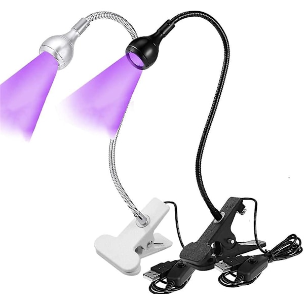 3W UV LED Skrivebordslampe, Fleksibel Svanehals og Klemme Mini Skrivebordslampe med Bryter, Bærbar Limherdende Lampe for Mobilreparasjon - 2 Pakk (Svart Sølv)