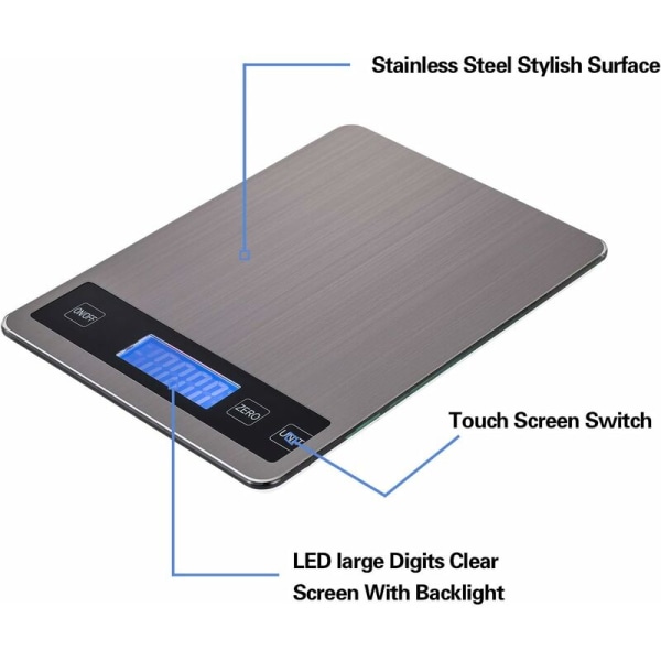 Digitaalinen keittiövaaka 5kg 11lb, korkealaatuinen ruostumattomasta teräksestä valmistettu elektroninen keittiövaaka LCD-näytöllä kotileivontaan 833162