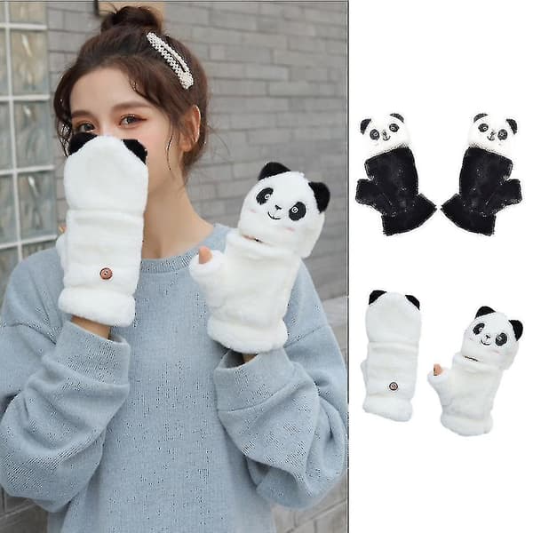 Plush Panda Vantar med Vändbar Halvfinger Djurvantar Elastiska Vantar
