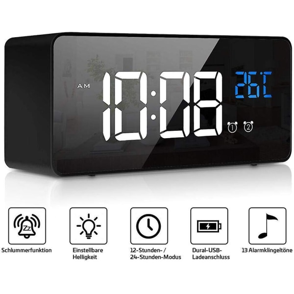 Digital väckarklocka med röststyrning och temperaturdisplay - LED-bordsklocka med spegellarm, dubbla larm, snooze och justerbar ljusstyrka dim
