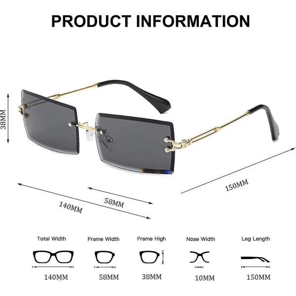 Båglösa rektangulära solglasögon som är kompatibla med kvinnor/män Ultralätt metallbåge Glasögon Fashion Square Uv400-glasögon unisex（Grå transparent-te）