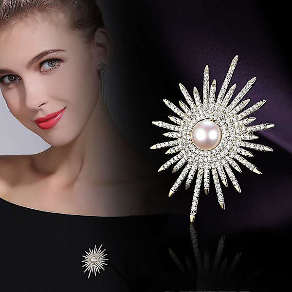 Solros Broscher Rhinestone Sötvattenspärla Blommande Brosch Sjal Corsage Bröllop Brud Semester