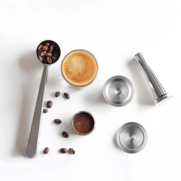 Påfyllningsbara kaffekapslar i rostfritt stål med skedborste för K-fee espressomaskiner