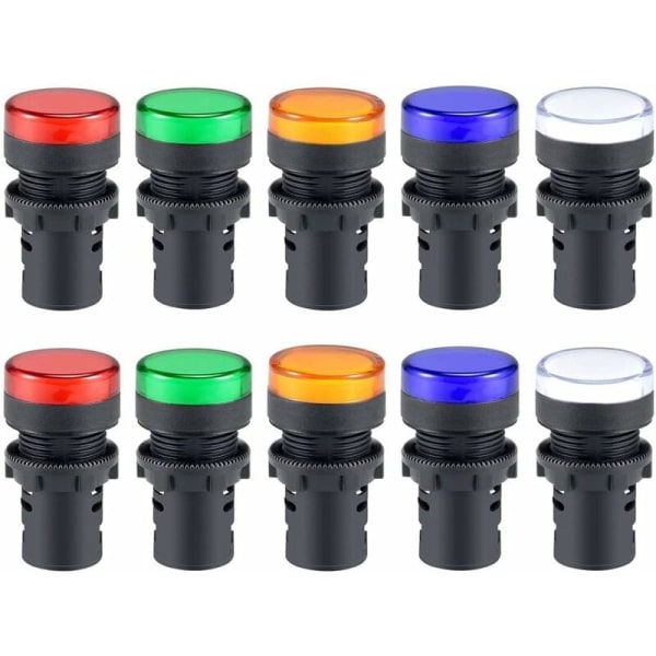 10 stk. LED-indikatorlamper AD16-22D/S - 22mm 20mA LED-panelmontering forsænket (rød/grøn/blå/gul/hvid??, 2 stk. af hver farve)