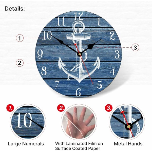 10 tommer blåt anker vægur, Silent Rudder Navigation ure, Nautical Vintage træ vægur til køkken/stue/soveværelse