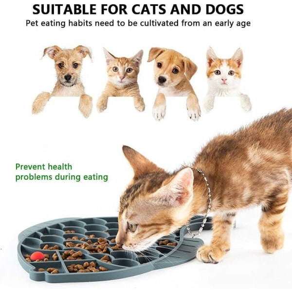 Slow food tallerken til kæledyr, slikkeplade til katte, anordning til langsom fodring, lavet af ikke-giftig fiskeformet sikkerhedssilikone, velegnet til katte og hunde (grå fisk)
