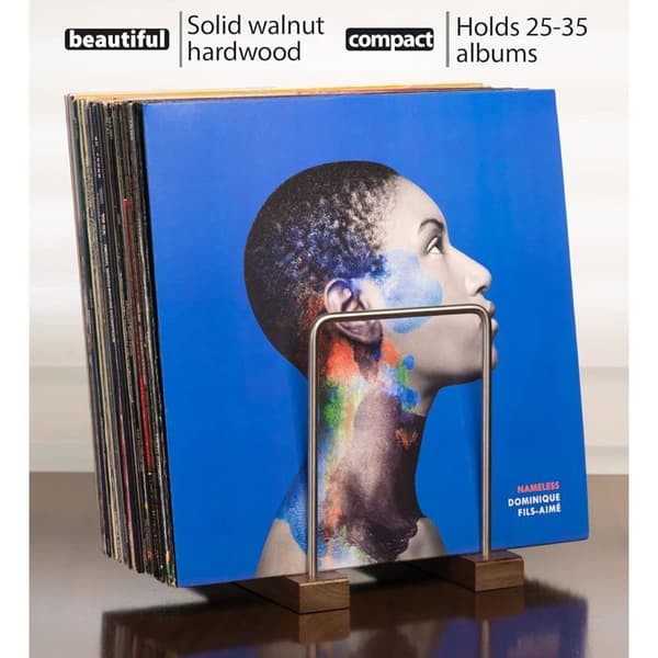1 Vinylpladeholder til 35 LP'er, massivt valnøddetræ, rustfrit stål, vertikal opbevaring, stue, kontor.