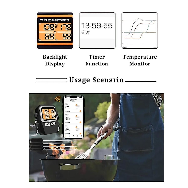 Tuya 100m trådlös kötttermometer för matlagning i köket, ugn, grill och grill, Bluetooth-temperaturmätare (silver)