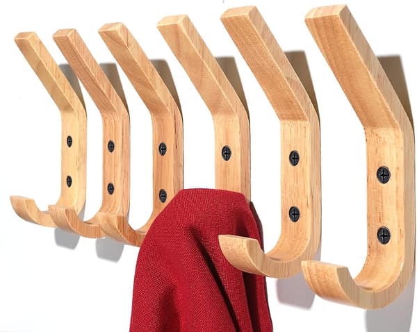 6-pack väggkrokar i trä, moderna klädkrokar