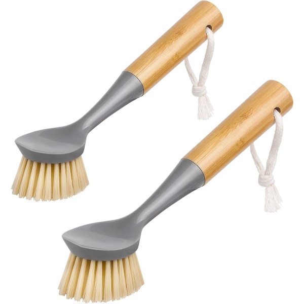 2-pack diskborste med bambuhandtag inbyggd skrapa, skrubbborste för rengöring av diskho