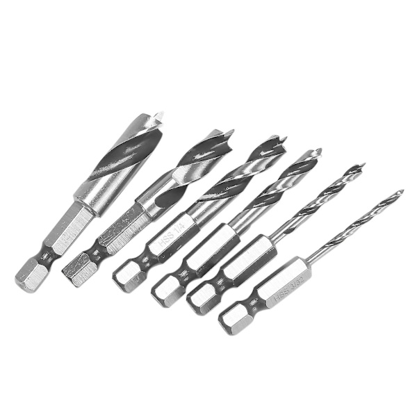 6 st HSS Brad Point Stubby Borr Set för Trä med 1/4-tums Snabbväxlande Hex 3/32 1/8 3/16 1/4